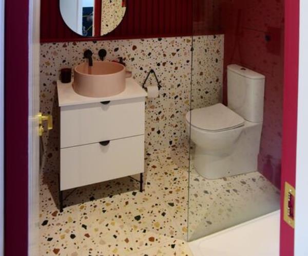 Jennifer uses terrazzo tiles in her bathroom from The Mosaic Factory. Picture: Moya Nolan