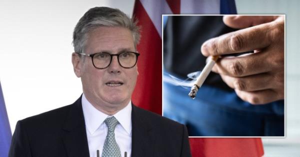 Keir Starmer with an inset picture of a cigarette