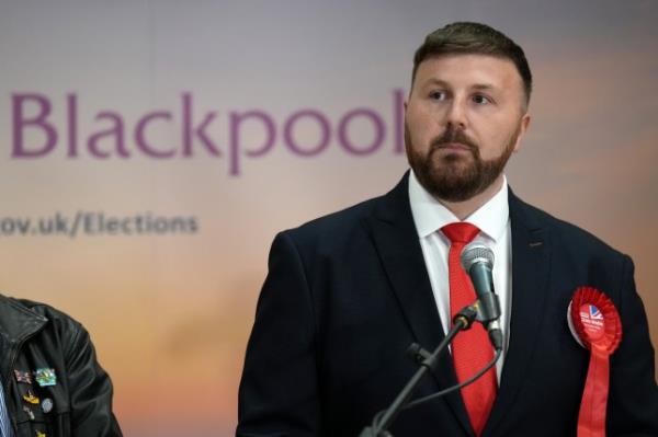 BLACKPOOL, ENGLAND - MAY 03: Labour candidate Chris Webb speaks after winning the Blackpool South by-election on May 03, 2024 in Blackpool, England. Former Co<em></em>nservative MP for Blackpool South Scott Benton resigned in the wake of a lobbying scandal triggering this by-election which is being held on the same day as the local and mayoral elections in England. (Photo by Christopher Furlong/Getty Images)