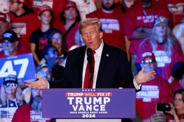 Trump speaking at a rally in Warren, Michigan on Nov. 1, 2024.