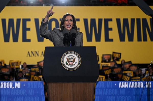 Vice President Kamala Harris speaking at a campaign rally in Ann Arbor, Michigan on Oct. 28, 2024.