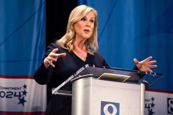 Janelle Stelson speaks during a Democratic primary debate in York, Pa., April 9, 2024.