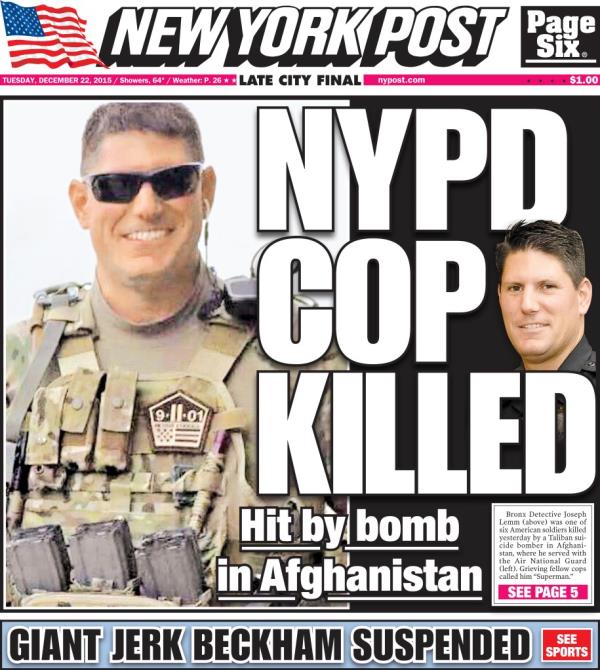 New York Post cover ho<em></em>noring Lemm after he was killed.