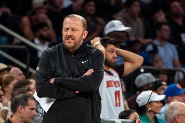 New York Knicks head coach Tom Thibodeau reacts during the second half against the Cleveland Cavaliers at Madison Square Garden, Monday, Oct. 28, 2024, in New York, NY.