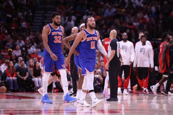 Jalen Brunson #11 of the New York Knicks looks on during the game against the Houston Rockets on November 4, 2024 at the Toyota Center in Houston, Texas. 