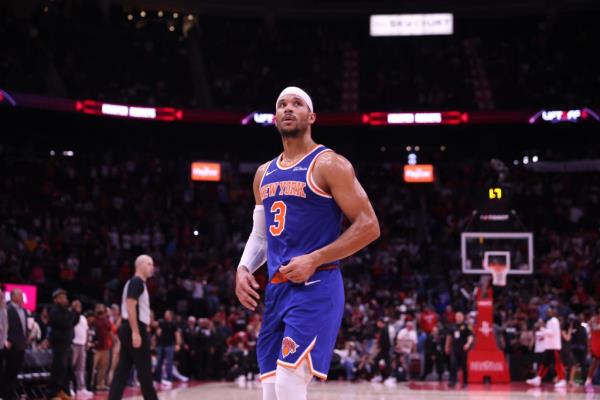 Josh Hart #3 of the New York Knicks looks on during the game against the Houston Rockets on November 4, 2024 at the Toyota Center in Houston, Texas.