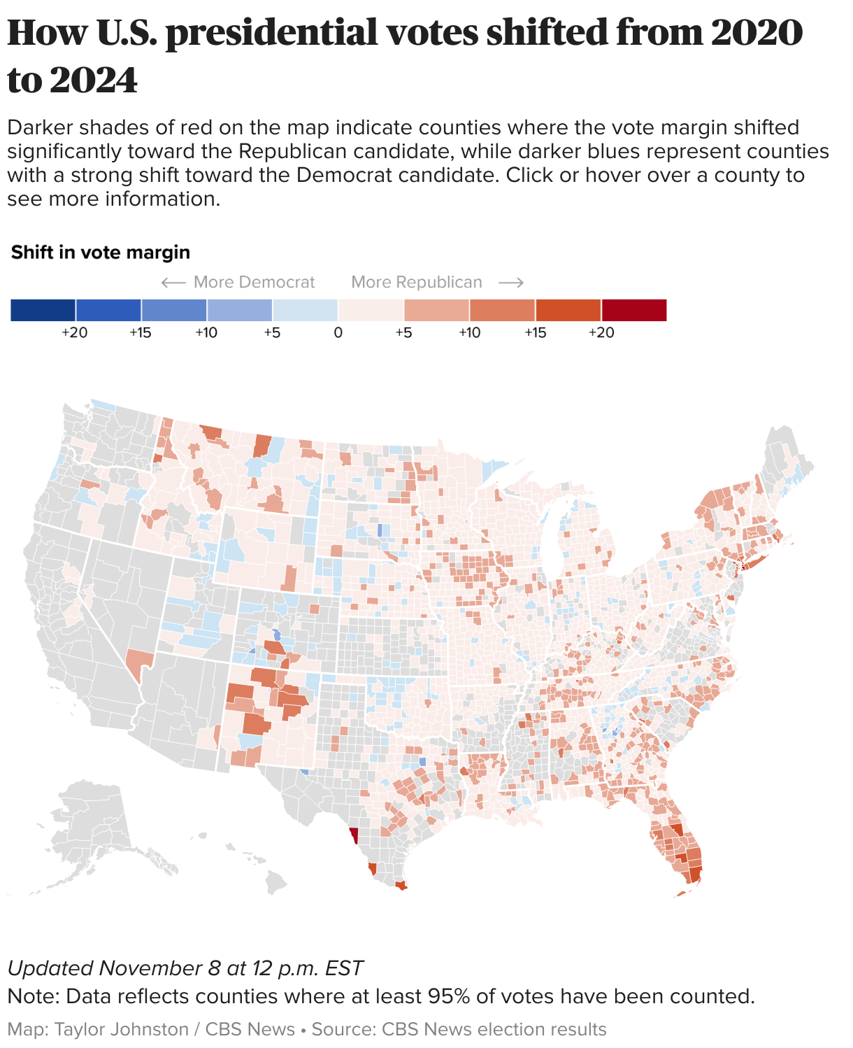 U.S. map showing the shift in presidential votes from 2020 to 2024