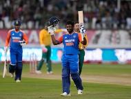 India's batsman Sanju Samson celebrates his century during the T20 Internatio<em></em>nal cricket match between South Africa and India, at Kingsmead stadium in Durban. (Image: AP)