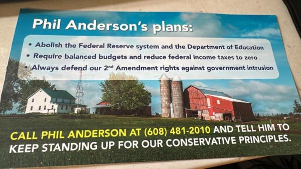 Mailers on a table promoting U.S. Senate Libertarian candidate Phillip Anderson, disavowed as a tactic by Democrats to influence Wisco<em></em>nsin voters