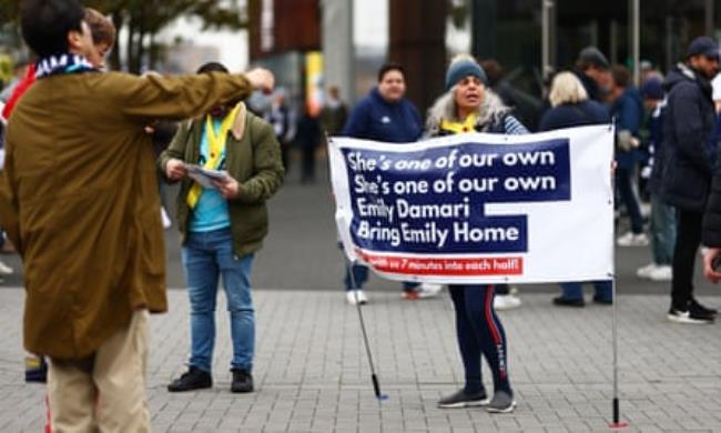 Banner outside the Tottenham Hotspur Stadium raising awareness of the plight of Emily Damari