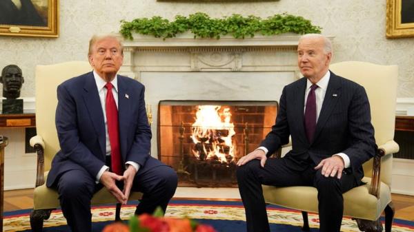 U.S. President Joe Biden meets with President-elect Do<em></em>nald Trump in the Oval Office at the White House in Washington, U.S., November 13, 2024. REUTERS/Kevin Lamarque