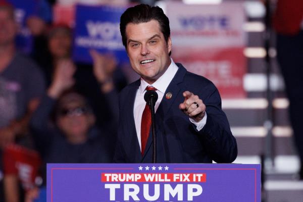 Republican U.S. Representative Matt Gaetz speaks at Trump campaign rally in Henderson