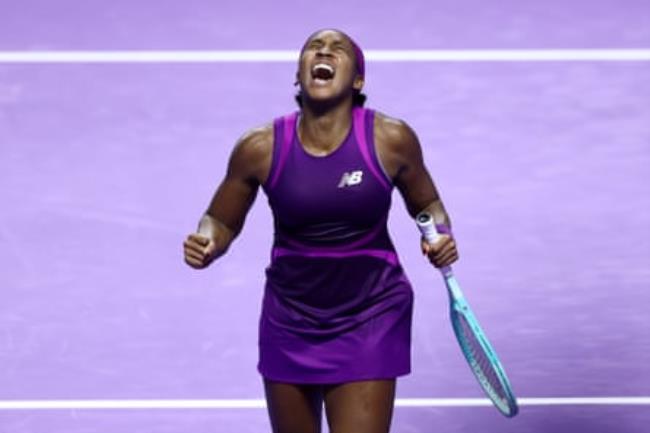 Coco Gauff of the United States celebrates her win against Qinwen Zheng at the WTA Finals in Riyadh.