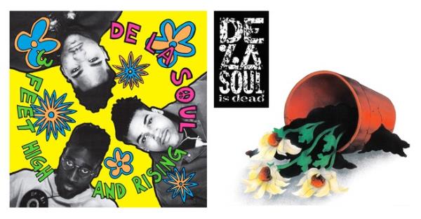 Two album covers, on the left three mean surrounded by flowers and the text 